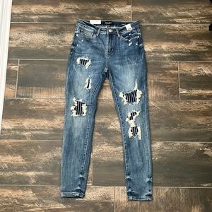 Judy Blue navy pinstripe patch high waist skinny